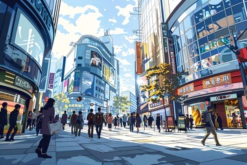 Busy city street scene with people shopping and walking.