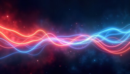 Obraz premium Abstract illustration with vibrant glowing lines. Neon light trails create dynamic waves. Futuristic background shows motion, energy. Colors include blue, red. Ideal for tech, digital, science