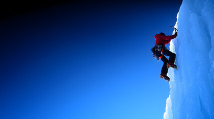 Ice Climber Scaling a Frozen Waterfall, Showcasing Extreme Adventure and Skill Amidst a Majestic and Icy Mountain Landscape