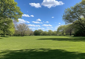 Fototapeta premium Expansive Green Lawn Under Bright Blue Sky with Fluffy White Clouds Showcasing a Tranquil Landscape Ideal for Outdoor Activities and Relaxation