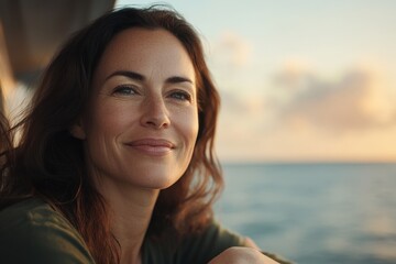 Woman enjoying a peaceful moment by the water during golden hour in a serene coastal setting