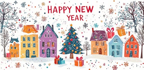 Colorful festive new year banner with gifts and snowflakes