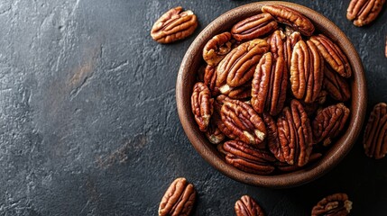 A rustic wooden bowl filled with freshly shelled pecans rests atop a dark textured surface. The pecans showcase their rich brown color and unique shapes, highlighting their natural beauty