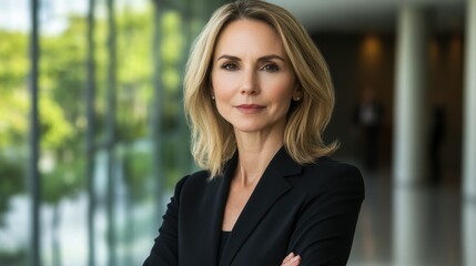 Fototapeta premium A business professional stands with crossed arms, showcasing confidence and poise in a bright, modern office filled with natural light and greenery