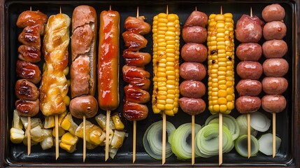 Grilled Sausage Skewers with Vegetables and Corn - Tasty Barbecue Food
