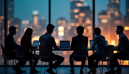 Business people in confidential meeting room. Silhouettes of colleagues seated around table. Engaged in discussion. Backdrop shows city skyline. Image represents confidential corporate meeting