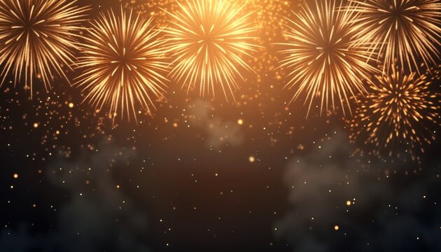Golden fireworks burst in night sky. Festive display for new year celebration. Background ideal for greetings, messages. Vibrant, joyful scene. Great for party invitations, decorations. Evening sky