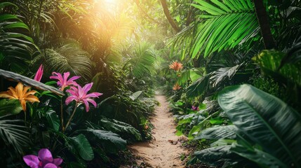 Exploring a lush jungle pathway tropical forest nature photography bright sunshine close-up view