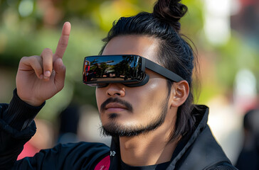 Man wearing VR headset, gesturing with index finger.