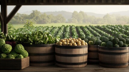 Farmers markets vegetables rustic charm. Fresh vegetables displayed in wooden barrels against a lush field backdrop.