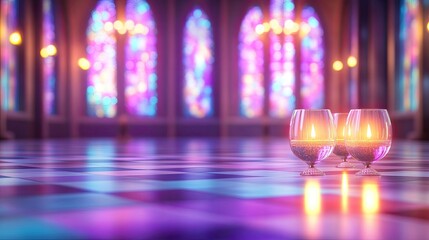 Elegant Glass Candles with Flickering Flames on Checkered Floor Surrounded by Colorful Stained Glass Windows