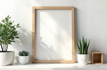 Empty wooden frame on white wall with decorative plants in white pots. Simple modern interior design. Ideal for displaying artwork photos. Minimalist style. Empty space for adding artwork picture.