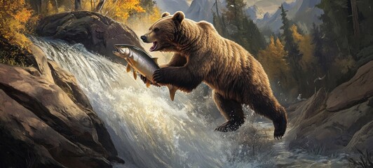 Grizzly Bear Catching Salmon at Waterfall in Majestic Mountain Landscape