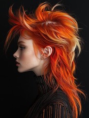 Fototapeta premium Striking orange and brown hairstyle creates an artistic expression of youth and rebellion against a dark background