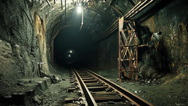 Dark Abandoned Mine Tunnel with Train Tracks and Rusty Equipment