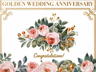 Classic golden-themed 50th wedding anniversary card with intricate borders