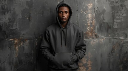 A man wearing a black hoodie is standing in front of a wall