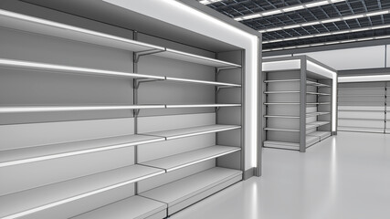 Supermarket interior mockup with empty shelves with lighting, design template for mockup. 3d illustration © Wire_man