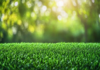 Naklejka premium Lush Green Grass with Soft Blades Under Gentle Sunlight and a Blurry Natural Background Evoking a Peaceful Outdoor Environment for Relaxation and Enjoyment