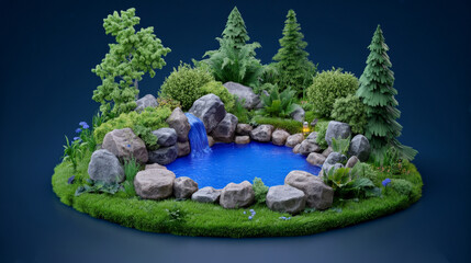 Tranquil Oasis: A miniature landscape with a serene pond, cascading waterfall, and lush greenery, evoking a sense of calm and tranquility.  
