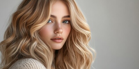 Naklejka premium Captivating portrait of a young woman with beautiful wavy hair in soft natural light