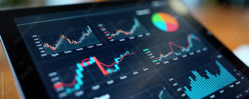 Poster Tablet screen displays financial dashboard. Real-time asset monitoring system shows various data. Charts, graphs depict financial overview, exchange market data. Business overview visualized on