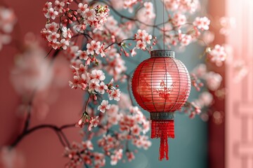 Beautiful Chinese Style Lantern with Morning Sunlight and Flower Blossoms