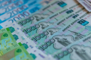 Russian ruble, money, banknotes of different denominations. Russian money banknotes, background, texture