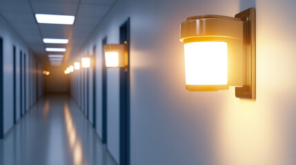 Wall mounted emergency light illuminating hallway with dual beams