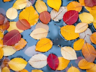 Fototapeta premium Colorful Autumn Leaves Floating on Tranquil Water Surface Creating a Beautiful Natural Scene in Seasonal Transition