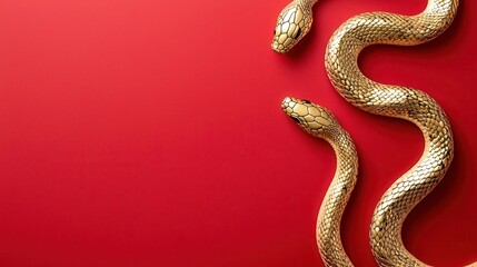 Obraz premium A golden snake gracefully curves against a vibrant red background, emphasizing elegance and luxury.
