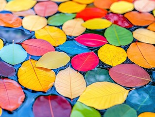 Naklejka premium Colorful Fall Leaves Floating on Calm Water Surface, Nature's Autumn Palette with Vibrant Hues and Reflections