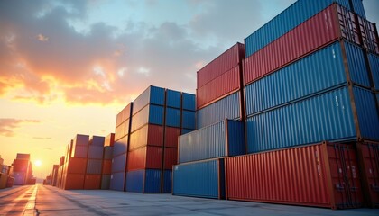 Fototapeta premium Stacked blue, red shipping containers at port at sunset. Logistics industry. International cargo transport. Commercial maritime industry. Import export business. Global trade. Harbor scene. Modern