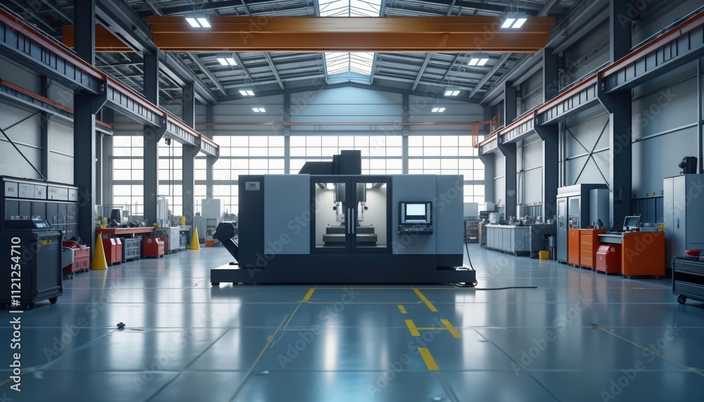 Poster large modern industrial facility high-precision cnc machine tool. automated machinery works in clean
