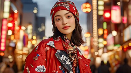 Stylish young woman in vibrant red jacket with intricate patterns posed against a colorful city street at dusk