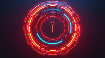 A futuristic circular design featuring vibrant red and blue neon lights, creating a high-tech, digital aesthetic.