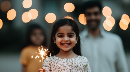 Fototapeta premium A joyful girl holds a sparkler, surrounded by soft glowing lights, with family members in the background, capturing a moment of celebration.