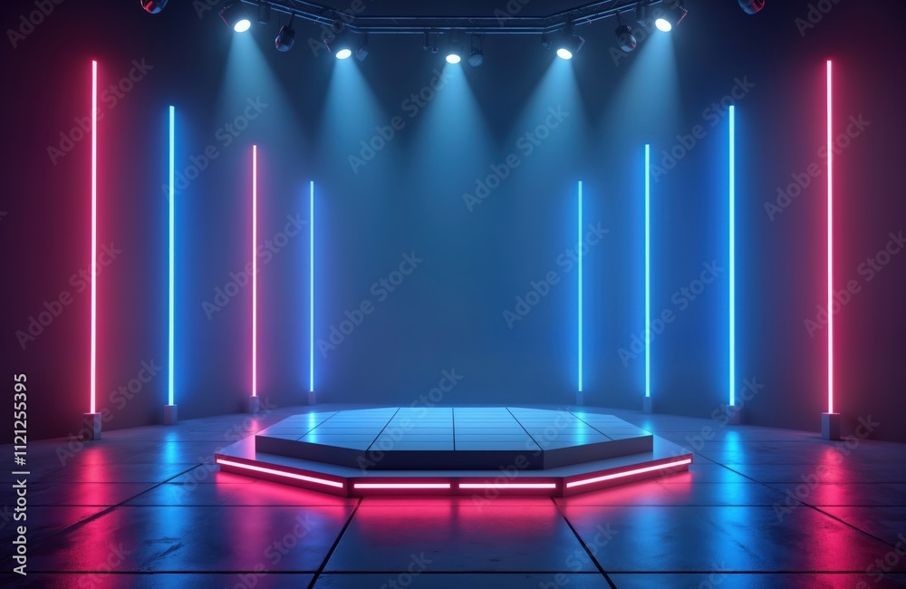 Poster empty stage with geometric platform. neon blue, pink lights illuminate space. modern design for danc
