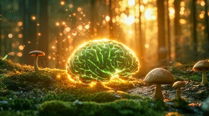 A bright, glowing brain rests on mossy ground amidst mushrooms in a forest setting, symbolizing creativity and growth, bathed in warm sunlight.