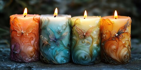 Elegant handcrafted candles glowing softly in a serene natural setting during twilight hours