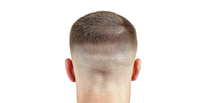 Back view of short haircut with tapered neckline isolated on transparent background