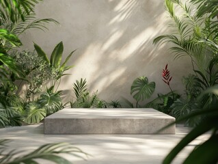 Minimalistic Concrete Platform Surrounded by Lush Greenery in a Serene Indoor Jungle Setting with Natural Light Filtering Through Leaves
