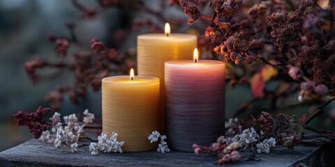 Warm glow from scented candles surrounded by dried flowers at dusk creates a cozy atmosphere