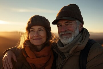 Couple enjoys sunset view during outdoor adventure in serene landscape