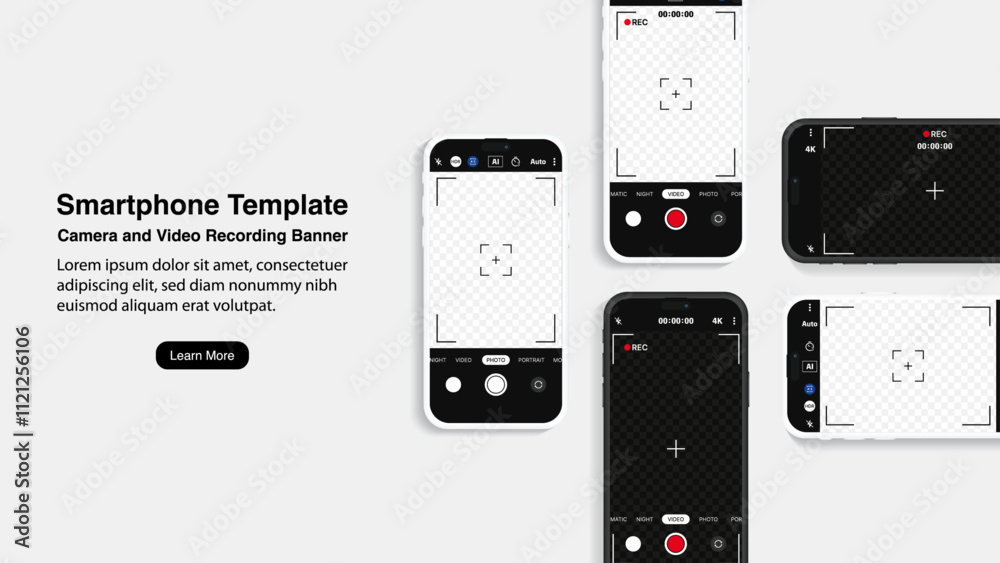 Poster smartphone template: camera and video recording banner. front view of a smartphone displaying a came
