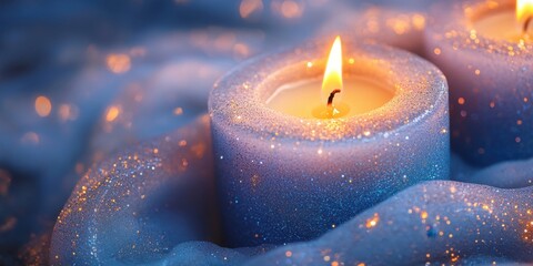 Glowing blue candles illuminate a serene atmosphere with soft sparkle during a calm evening gathering