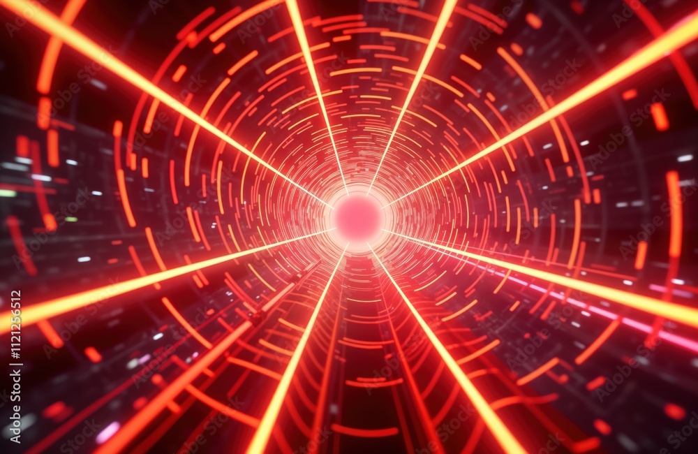 Poster Futuristic tunnel with vibrant red orange and white streaks. Neon light background swirls and flows. Hyperspace tunnel effect. Generative AI art. Dynamic motion and speed. 3D illustration.