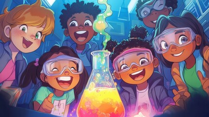 Children engaging in fun science experiments, fostering curiosity and learning in a vibrant laboratory setting, sparking interest in STEM.