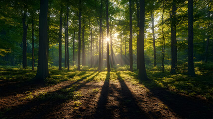 Fototapeta premium Sunlight Through Trees in Forest - Photo