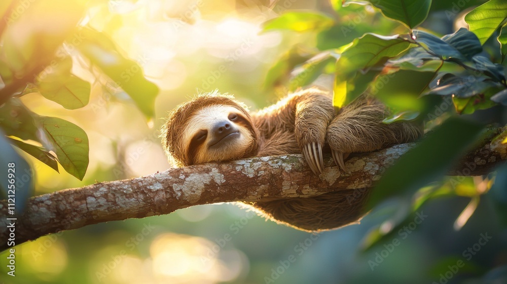 Poster A cute sloth relaxes on a sturdy tree branch, surrounded by lush green leaves. Sunlight filters through, creating a tranquil atmosphere in the forest